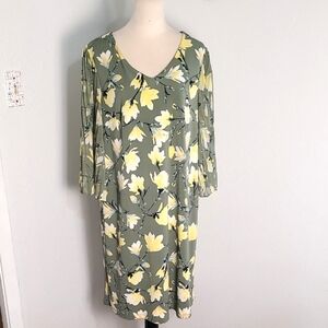 Est. 1946 Sage Green Dress Yellow Flowers, Wide Sheer Pleated Sleeves, Sz 14/16W